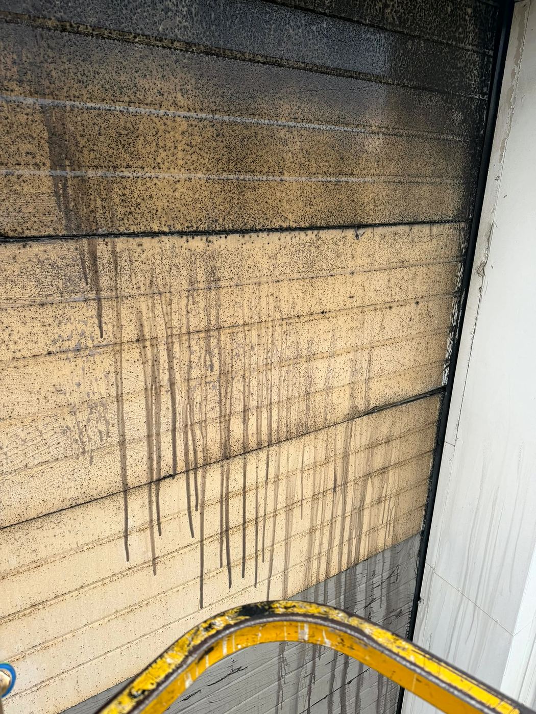 Close-up of mould and streaking on cladding before cleaning