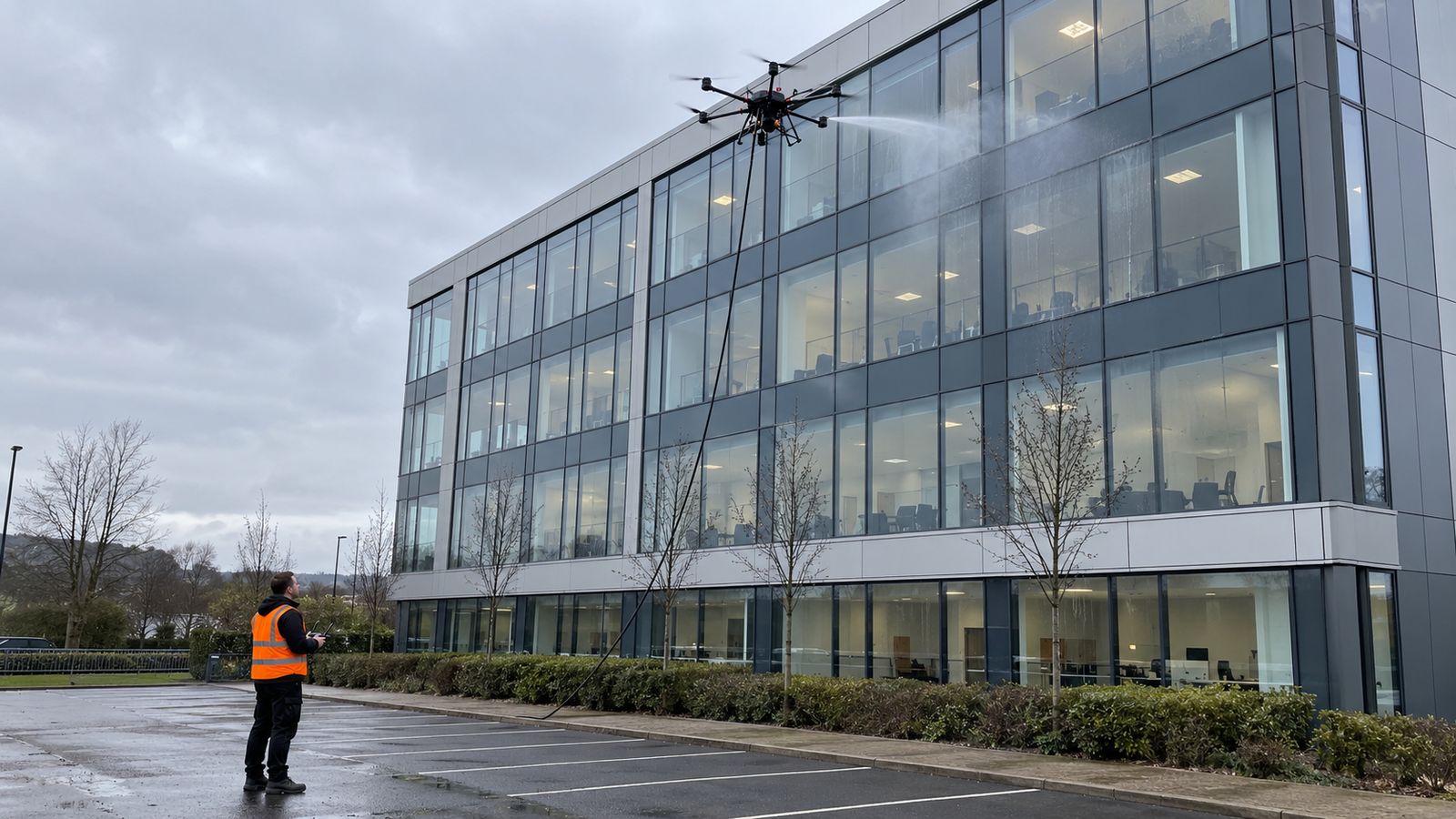 Cleaning drone spraying the glazing of a four-storey office while the operator controls it from the car park