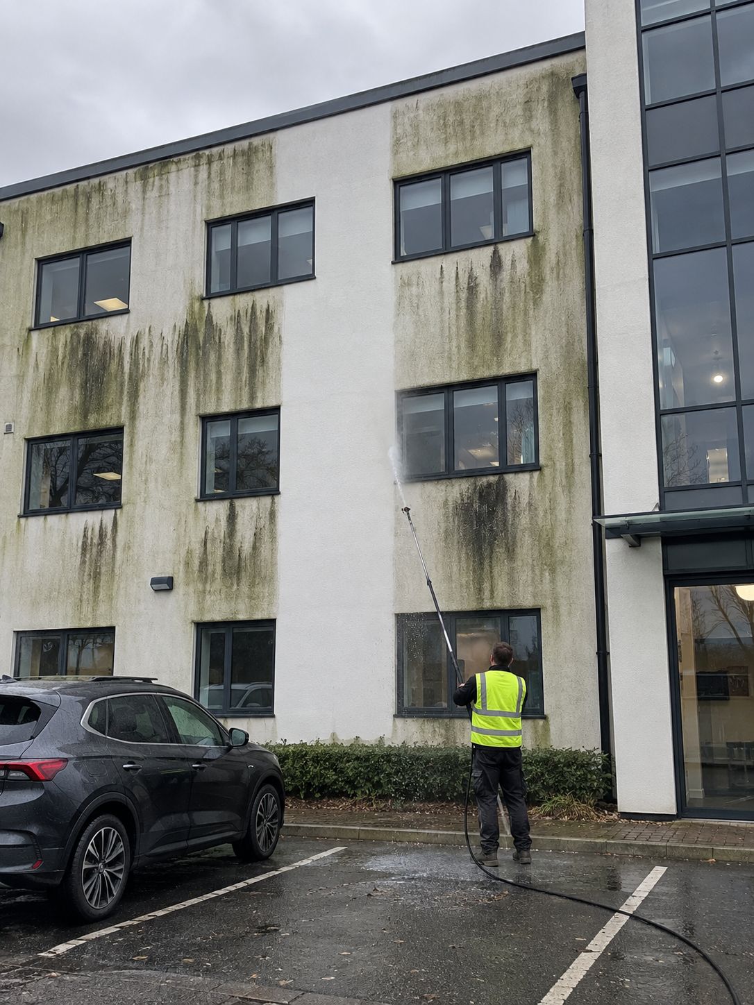 Soft washing green algae off white render on a three-storey office building